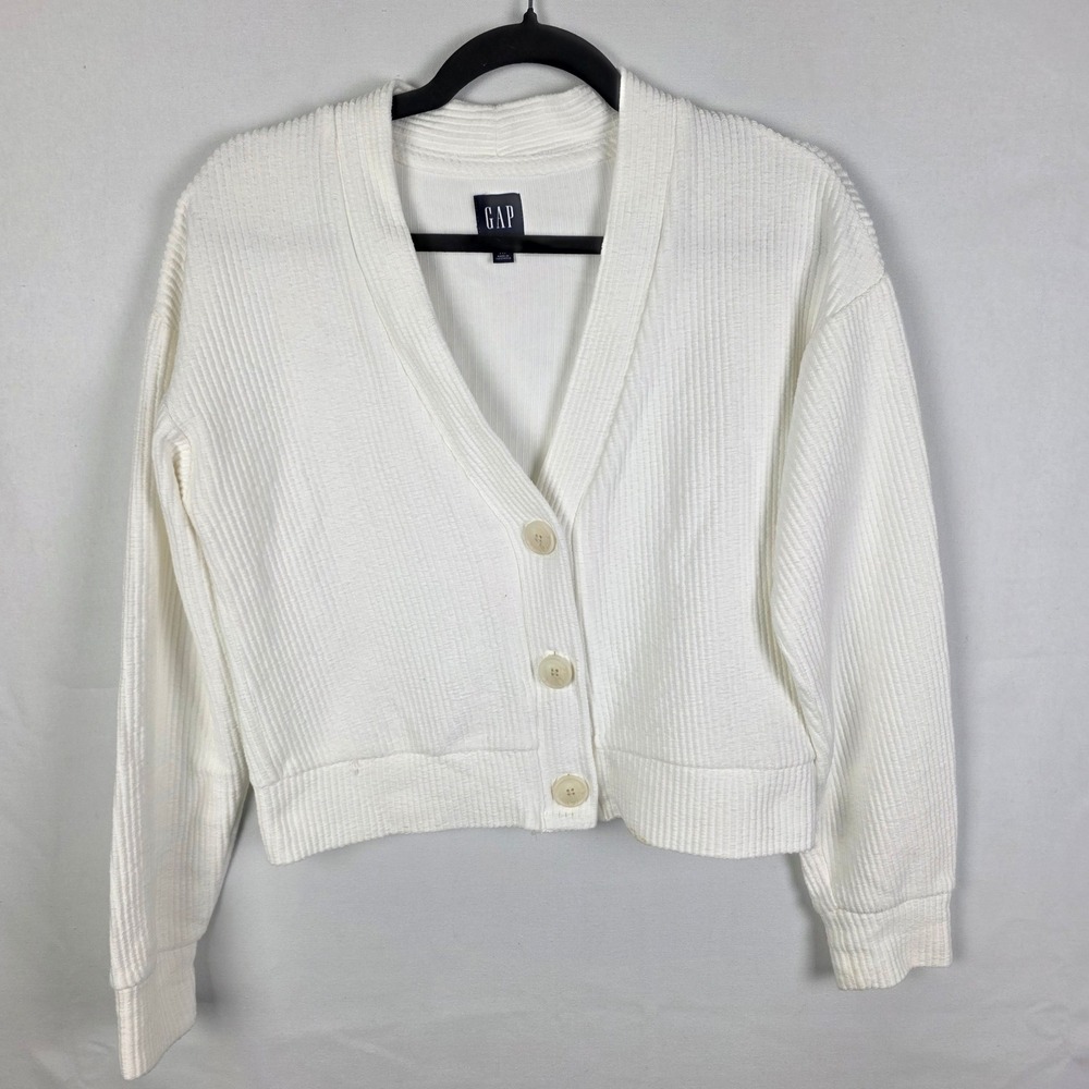 Gap Women XS Cream Ribbed Textured Cropped Cardigan Sweater Button Front V-Neck